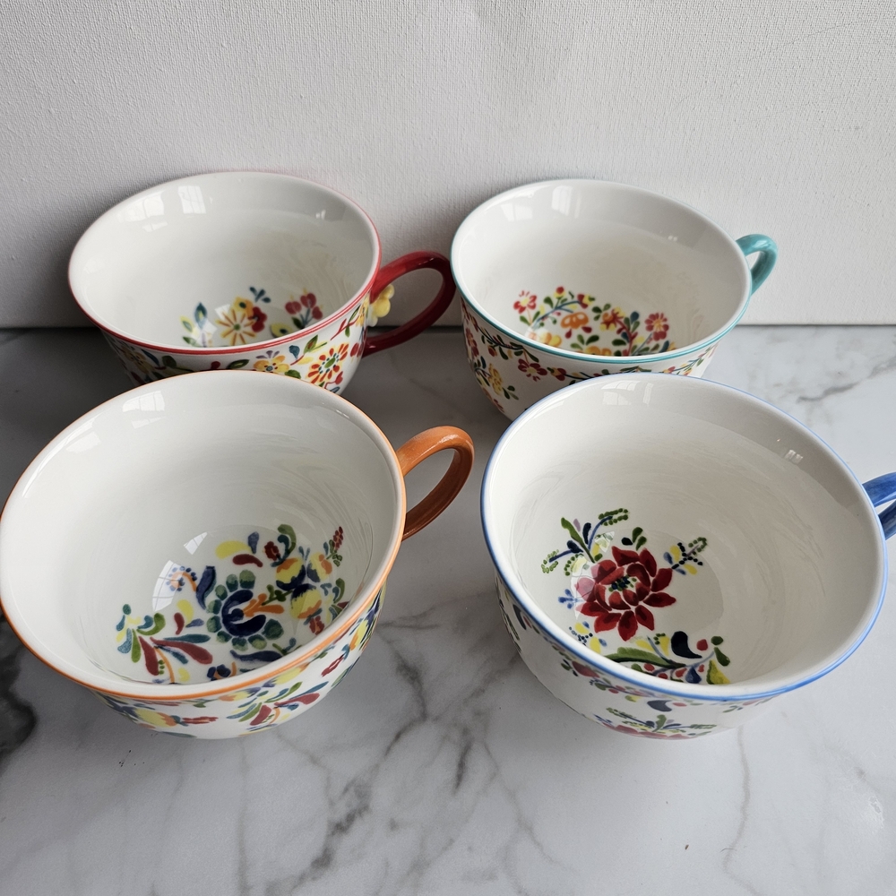 Anthropologie Floral Mug Set - Red, Orange, Blue, Green